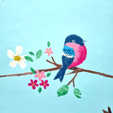 KJ52212 Birds perched on thin kids nursery brown yellow pink green light blue wallpaper