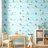 KJ52212 Birds perched on thin kids nursery brown yellow pink green light blue wallpaper