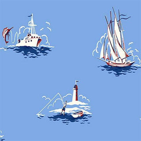 KJ53302 Blue Red Lighthouse Yacht Wallpaper