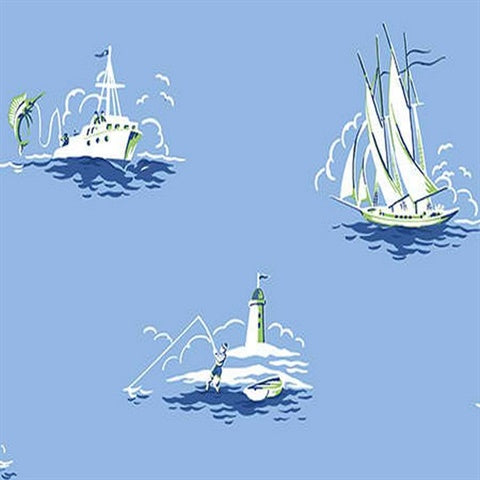 KJ53312 Blue Green Lighthouse Yacht Wallpaper