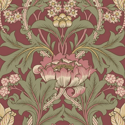 KT20501 Acanthus Floral Vine Cranberry & Sage Wallpaper