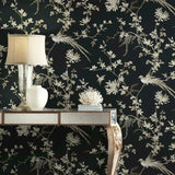 KT2173 Bird Blossom Chinoserie Black Wallpaper