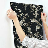 KT2173 Bird Blossom Chinoserie Black Wallpaper