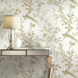 KT2174 Bird Blossom Chinoserie White Gold Wallpaper