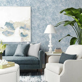 LN40702 Floral tropical palm leaves lush light blue off white faux fabric Wallpaper roll