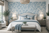 LN40702 Floral tropical palm leaves lush light blue off white faux fabric Wallpaper roll
