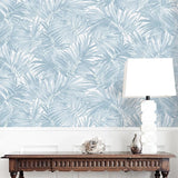 LN40702 Floral tropical palm leaves lush light blue off white faux fabric Wallpaper roll