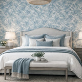LN40702 Floral tropical palm leaves lush light blue off white faux fabric Wallpaper roll