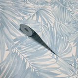 LN40702 Floral tropical palm leaves lush light blue off white faux fabric Wallpaper roll