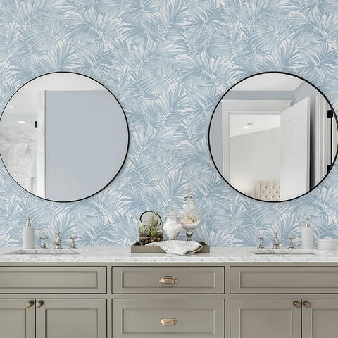 LN40702 Floral tropical palm leaves lush light blue off white faux fabric Wallpaper roll