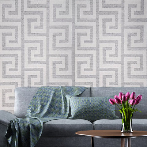 LN41208 Gray off white faux weave Woven Raffia fabric Greek key Luna retreat wallpaper