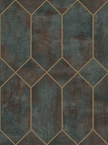 LW51606 Geo Faux Rust Forest Green Metallic Gold Wallpaper