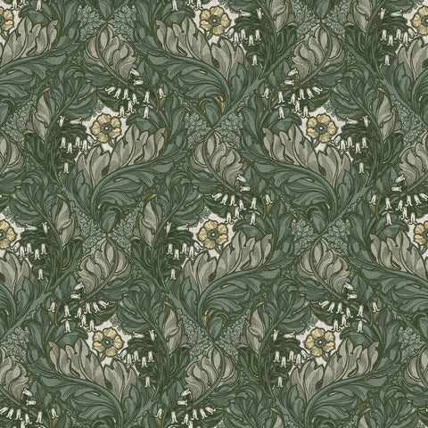 Lb25103 Floral Victorian Pattern with Stylized Leaves and Bellflowers Wallpaper