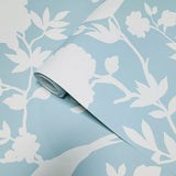 Light Blue white faux fabric floral branches Kauai Bird Toile Hampton wallpaper