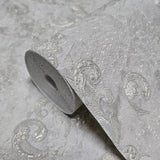 M13004 Gray brass metallic distressed pearl plaster textured Victorian damask Wallpaper
