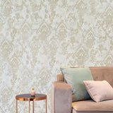 M13005 Grayish Ivory gold metallic sparkle plaster textured Victorian damask Wallpaper