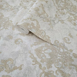 M13005 Grayish Ivory gold metallic sparkle plaster textured Victorian damask Wallpaper