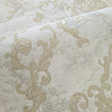 M13005 Grayish Ivory gold metallic sparkle plaster textured Victorian damask Wallpaper