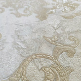 M13005 Grayish Ivory gold metallic sparkle plaster textured Victorian damask Wallpaper