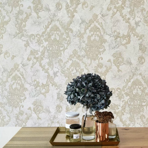 M13005 Grayish Ivory gold metallic sparkle plaster textured Victorian damask Wallpaper