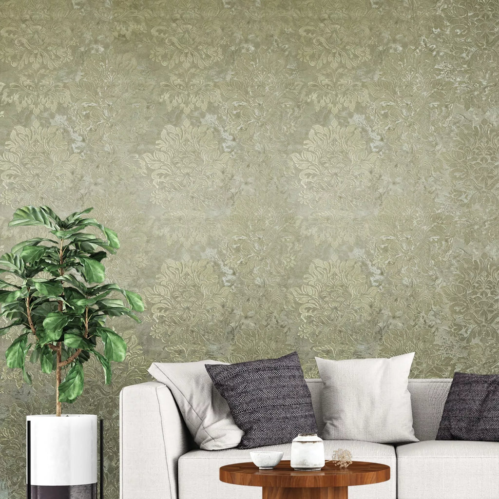 M13019 Taupe tan cream gold metallic Victorian floral damask plaster t ...