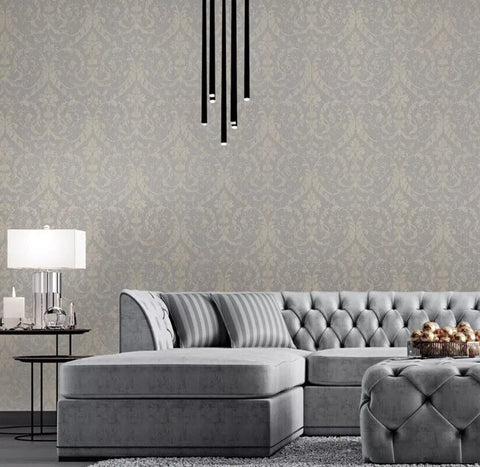 M13041 Light Gray ivory gold metallic Victorian damask faux fabric textured Wallpaper