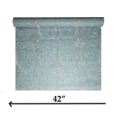 M13043 Turquoise blue green gray pearl Victorian damask faux fabric textured Wallpaper