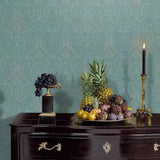 M13043 Turquoise blue green gray pearl Victorian damask faux fabric textured Wallpaper