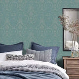 M13043 Turquoise blue green gray pearl Victorian damask faux fabric textured Wallpaper