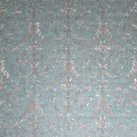 M13043 Turquoise blue green gray pearl Victorian damask faux fabric textured Wallpaper