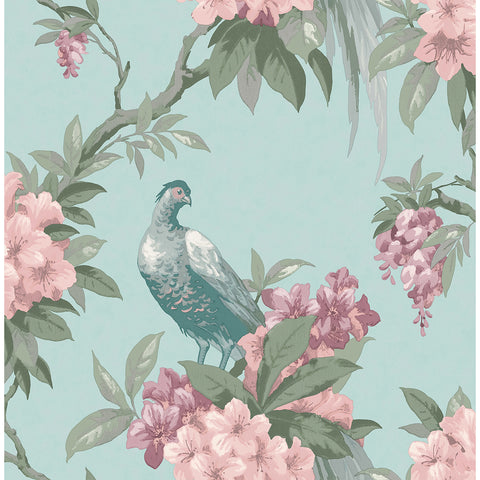 M1663 Golden Pheasant Aqua Floral Wallpaper