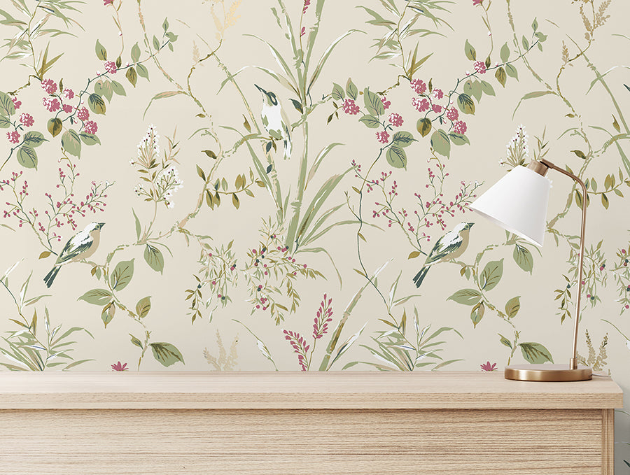 marikoページ　ナチュラルタッセル24本 M1855 Mariko Neutral Botanical Wallpaper – wallcoveringsmart