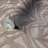 M23003 Floral Taupe Gray copper metallic palm tree leaves branches textured wallpaper

