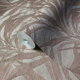 M23003 Floral Taupe Gray copper metallic palm tree leaves branches textured wallpaper
