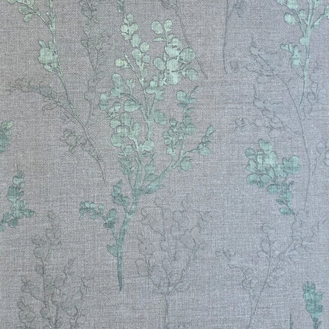 M23013 Gray green metallic botanical plants branches faux fabric textured wallpaper 3D