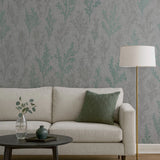 M23013 Gray green metallic botanical plants branches faux fabric textured wallpaper 3D