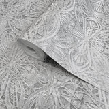 M23046 Gray silver metallic Moroccan lace ornamental damask textured wallpaper rolls 3D
