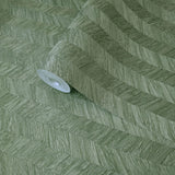 M23058 Contemporary Herringbone olive hunter green faux wood textured wallpaper roll 3D
