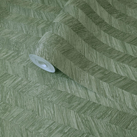 M23058 Contemporary Herringbone olive hunter green faux wood textured wallpaper roll 3D
