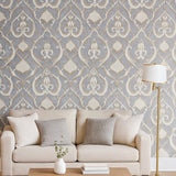 M31910 Gray beige gold brass tan faux plaster textured Victorian damask Wallpaper rolls
