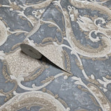 M31910 Gray beige gold brass tan faux plaster textured Victorian damask Wallpaper rolls
