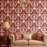M31913 Burgundy red Ivory gold metallic plaster textured Victorian damask Wallpaper 3D