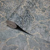 M31941 Dark deep Teal green blue gold metallic faux cracked plaster textured Wallpaper
