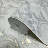 M34925 Ivory gold metallic faux plaster textured Victorian floral damask Wallpaper roll
