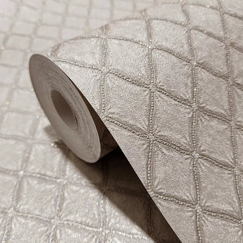 M50517 Embossed Pearl Beige cream faux fabric textured diamonds trellis Wallpaper rolls
