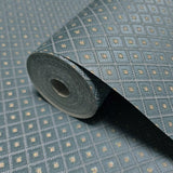 M50533 Embossed blue gray gold faux fabric textured diamond monogram modern Wallpaper
