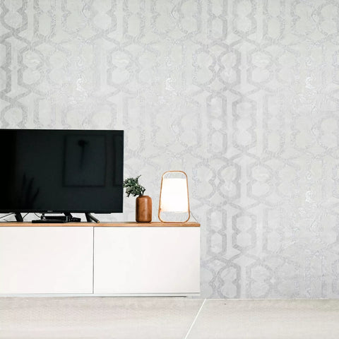 M69916 White cream tan silver trellis lines faux liquid art marble textured Wallpaper