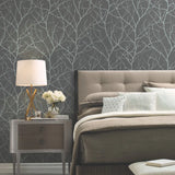 MD7125 Trees Silhouette Charcoal Silver Wallpaper