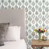 MN1854 Marketplace Motif White Neutral Blue Wallpaper