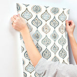 MN1854 Marketplace Motif White Neutral Blue Wallpaper